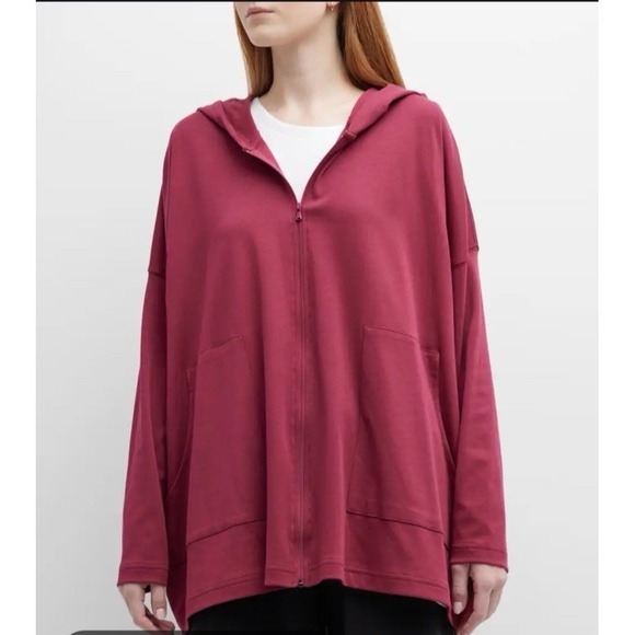 Eskandar Hoodie O/S Brick Red Pima Angle to Front Full Zip Lagenlook Casual - Picture 12 of 12